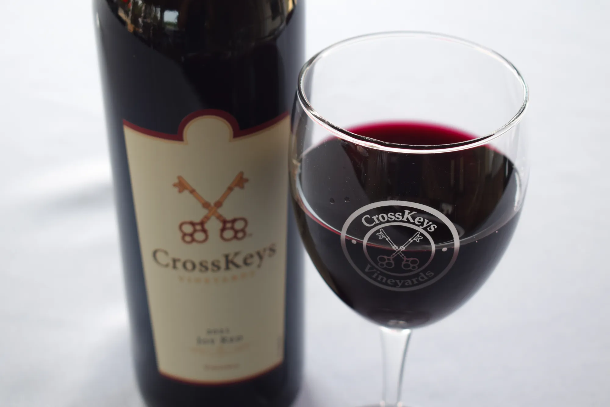 Bottle and glass of CrossKeys red wine